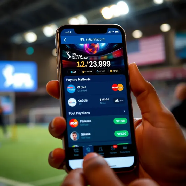 Mobile phone screen showing a popular IPL betting platform with payment options