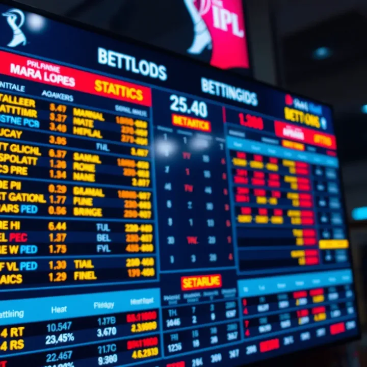 A vibrant digital scoreboard displaying IPL match statistics and betting odds