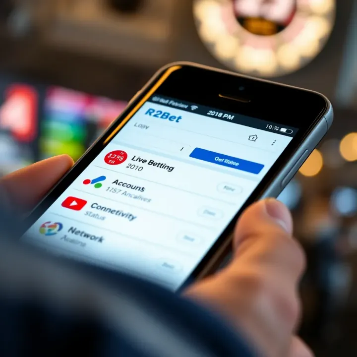 Overview of mobile app features including live betting, account management, and network connectivity status indicators