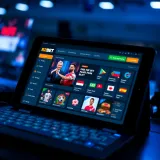 User interface showcasing key features of the online R2Bet platform on a digital device