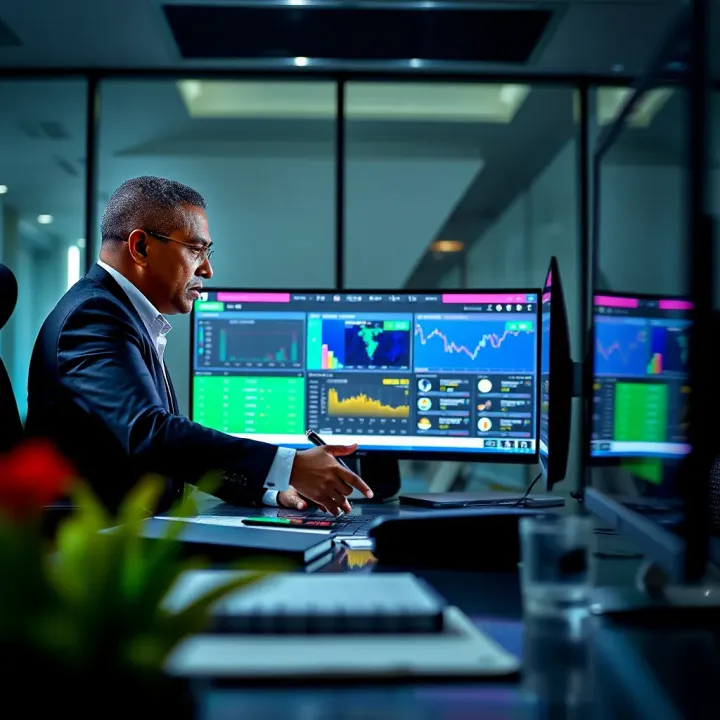 Leadership and Digital Strategy at R2Bet in Nigeria's Betting Sector Modern office environment with a leader analyzing digital betting platform data