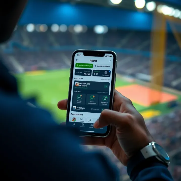 A person using the R2Bet app on an iPhone displaying betting options and account dashboard