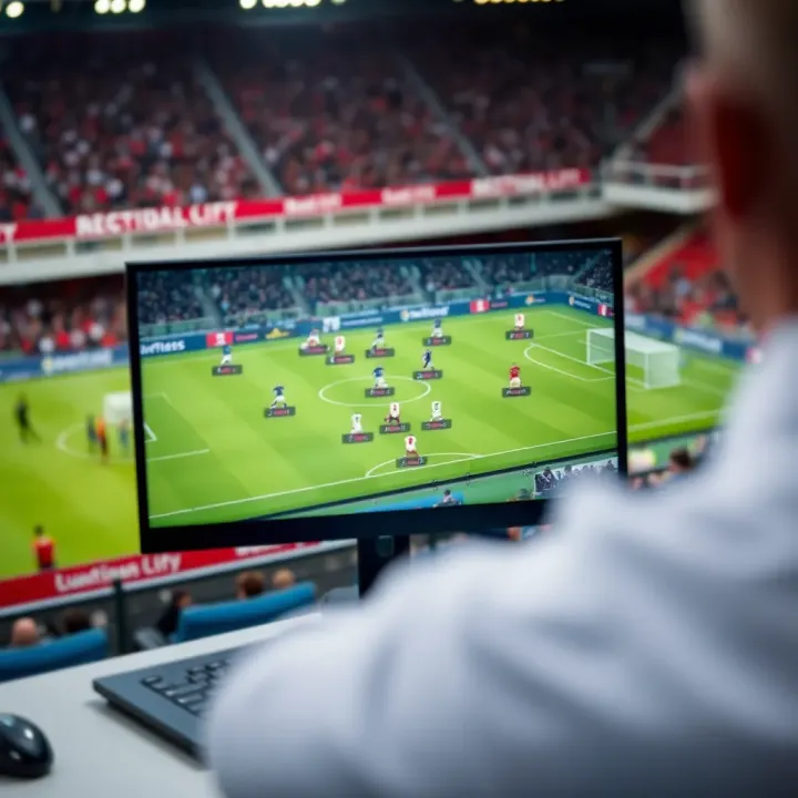 Tactical Analysis for Bundesliga Betting Tips Football field with tactical plans and player positions showed on digital screen