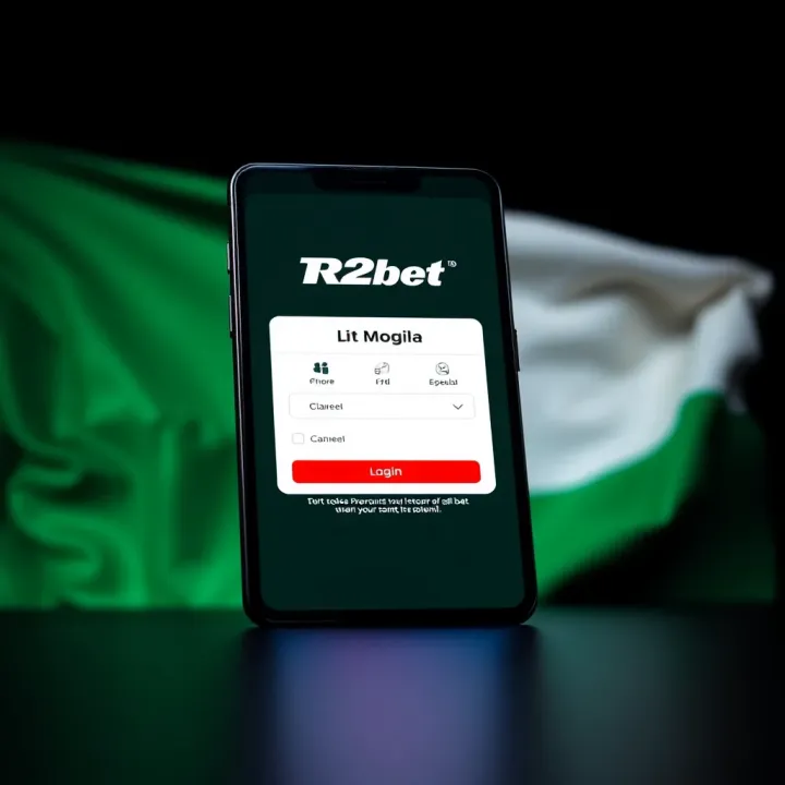 R2Bet Mobile Login Interface with Nigerian Flag Mobile phone displaying R2Bet login screen with Nigerian flag in background