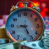 Clock symbol with currency notes illustrating timely transaction processing